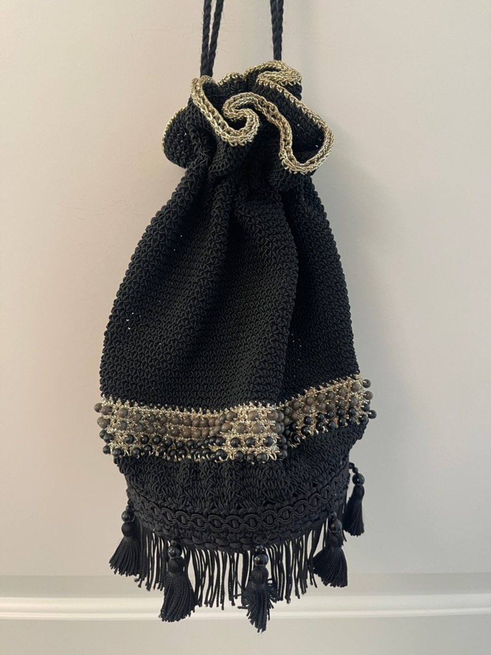 Boho Macramé Black Beaded Fringe Drawstring Satchel / resin bottom